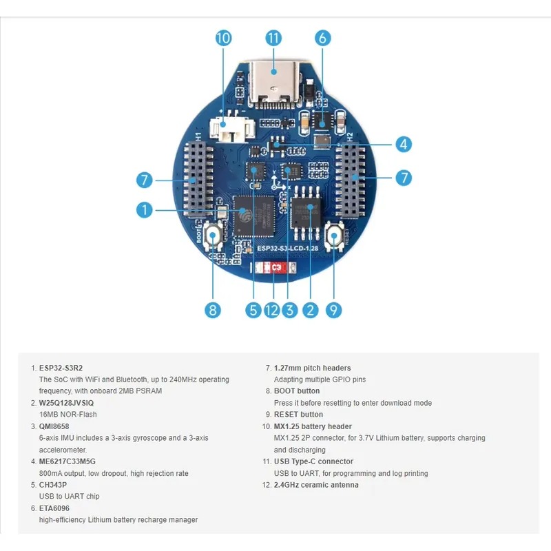 ESP32-S3 LCD 개발 보드 1.28인치 IPS  - Esp32 리뷰 및 가격